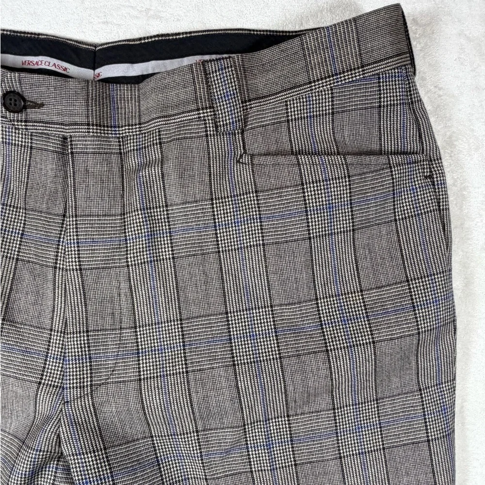 Versace Classic Made in Italy 38W 100% Wool Black and Blue Glen Plaid Dress Pant